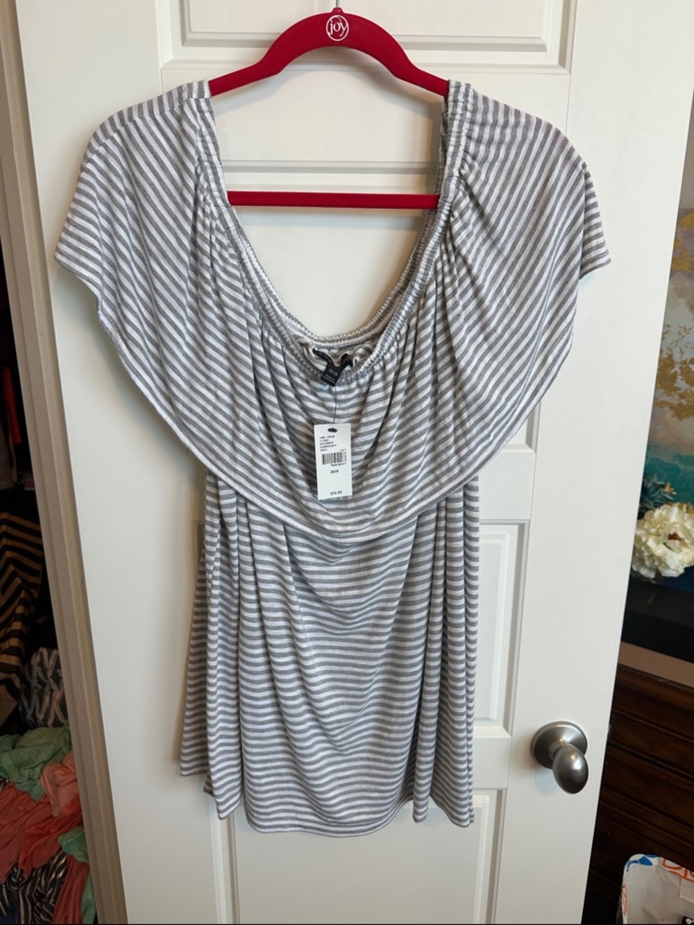 Lane Bryant Gray & White Striped Off-Shoulder Tunic